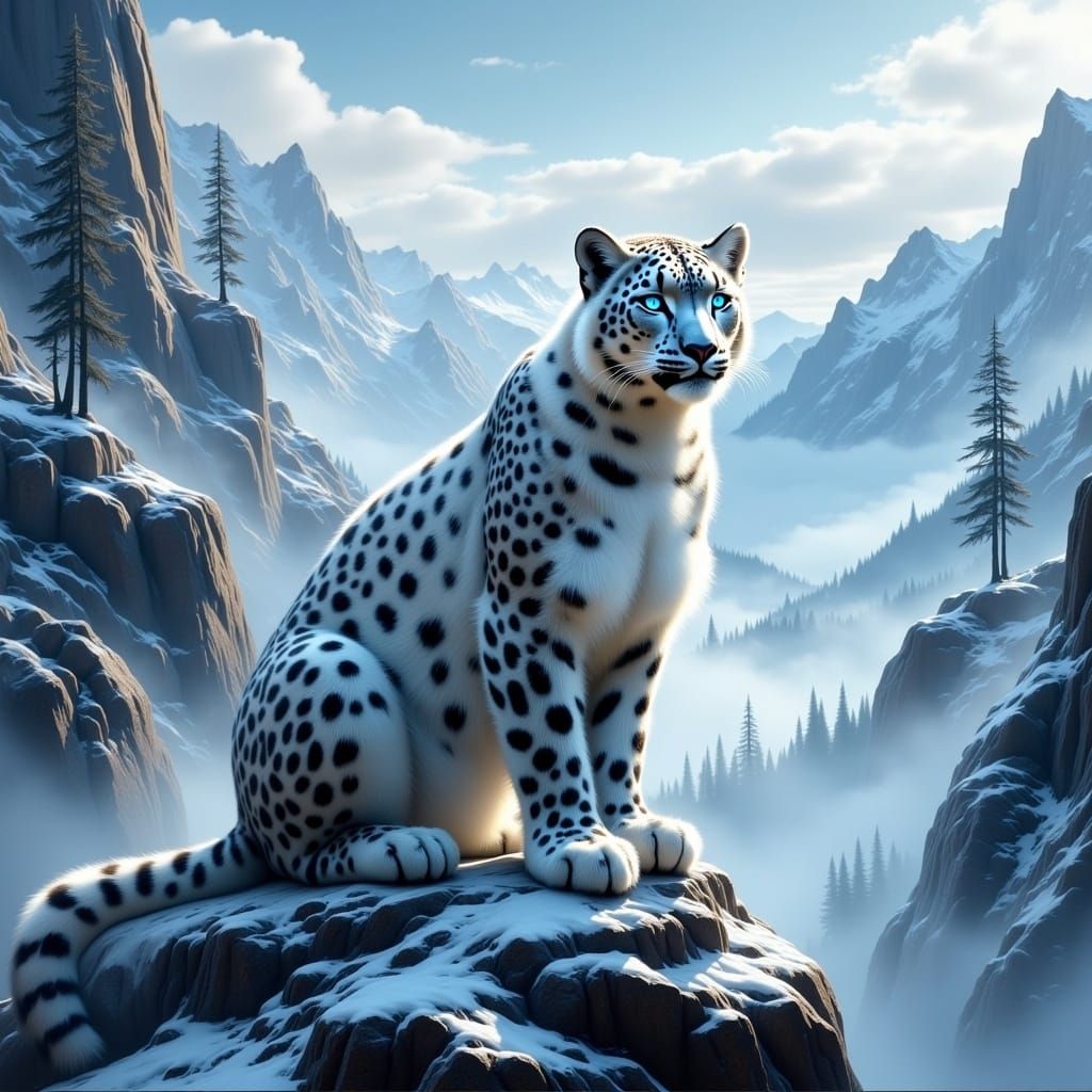 Snow Leopard with Blue Eyes in Ethereal Mountain Scene