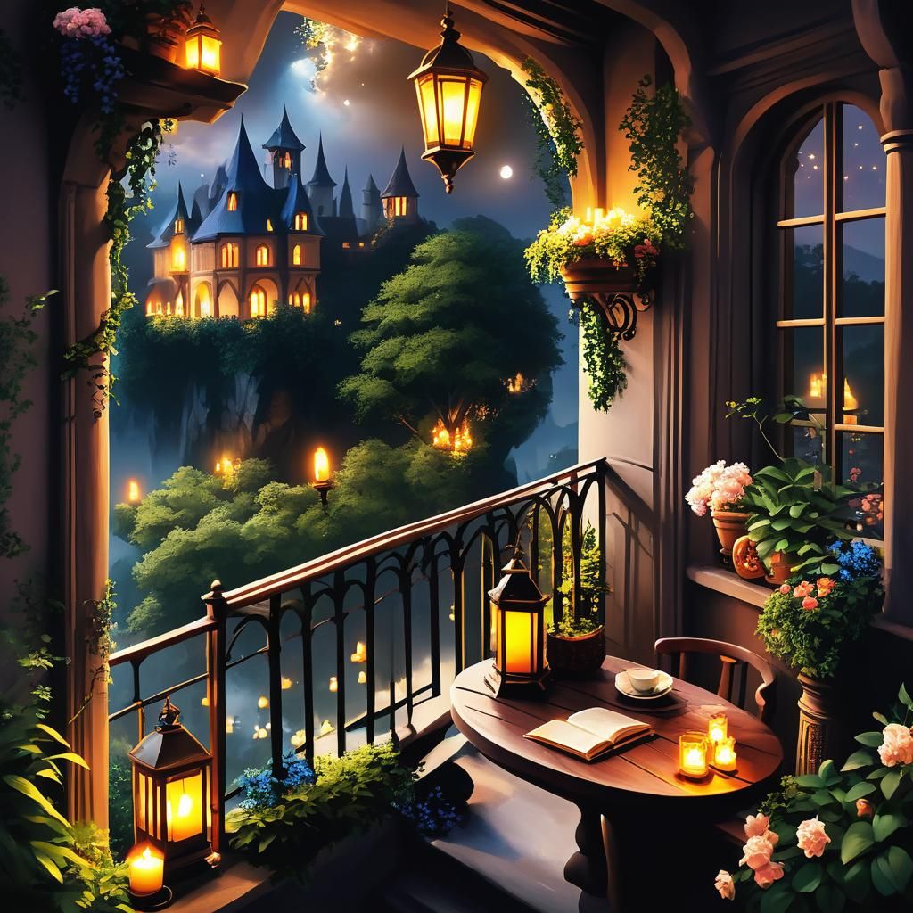 Enchanted Balcony Overlooking Fantasy Kingdom