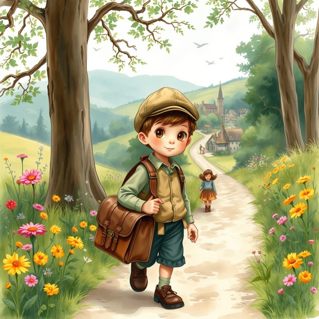 Young Adventurer Walks Towards a Little Girl in a Whimsical ...