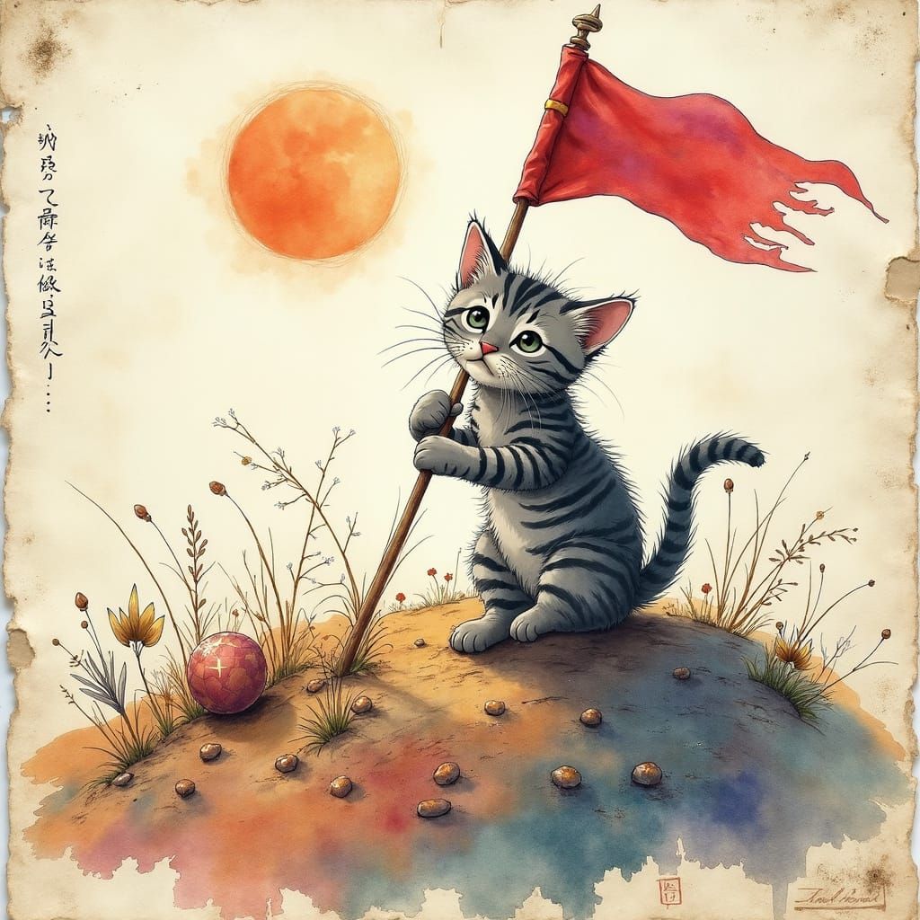 Whimsical Watercolor Kitten Flags New Planet