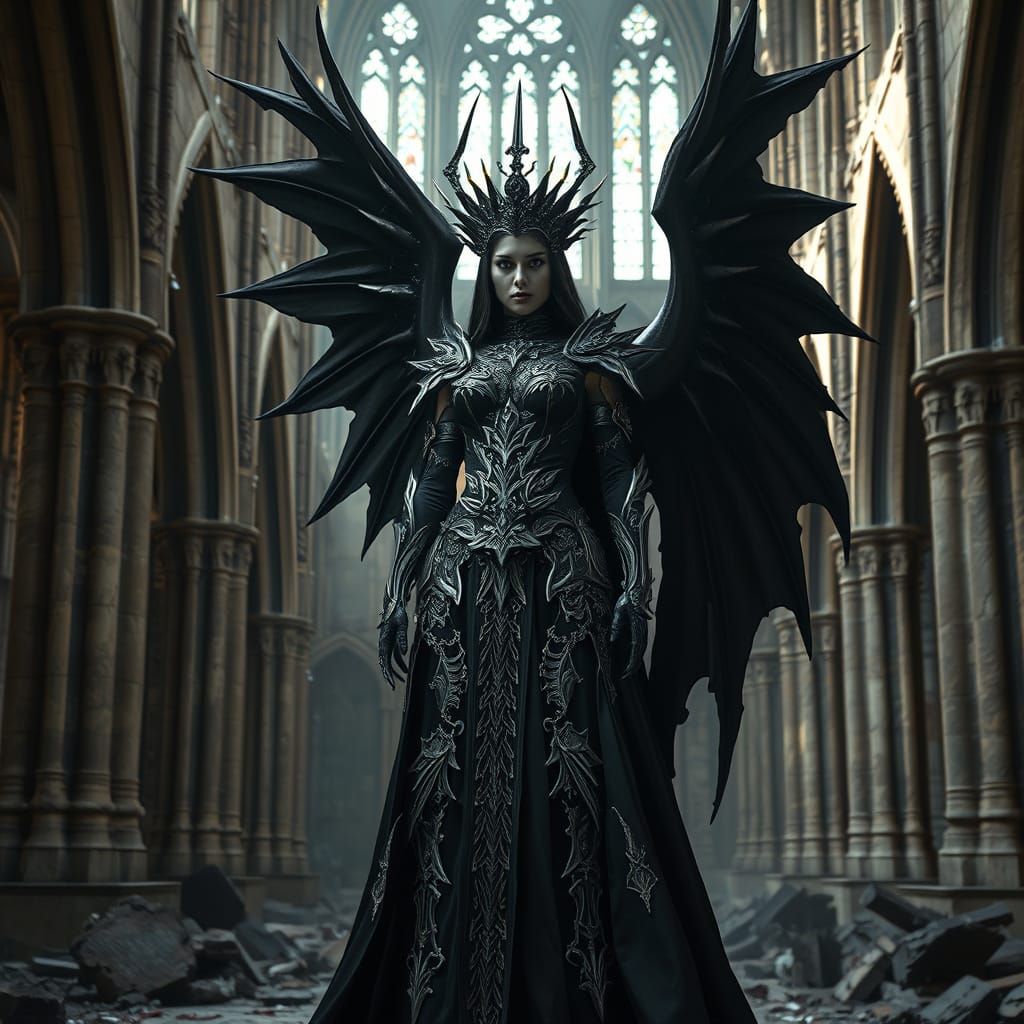 Goddess of Death in Gothic Cathedral Ruins