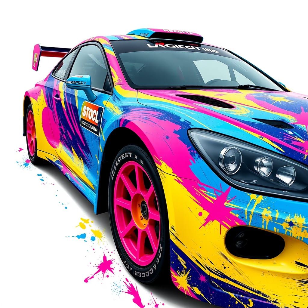 Rally car wrapped in "melanie davis" artwork