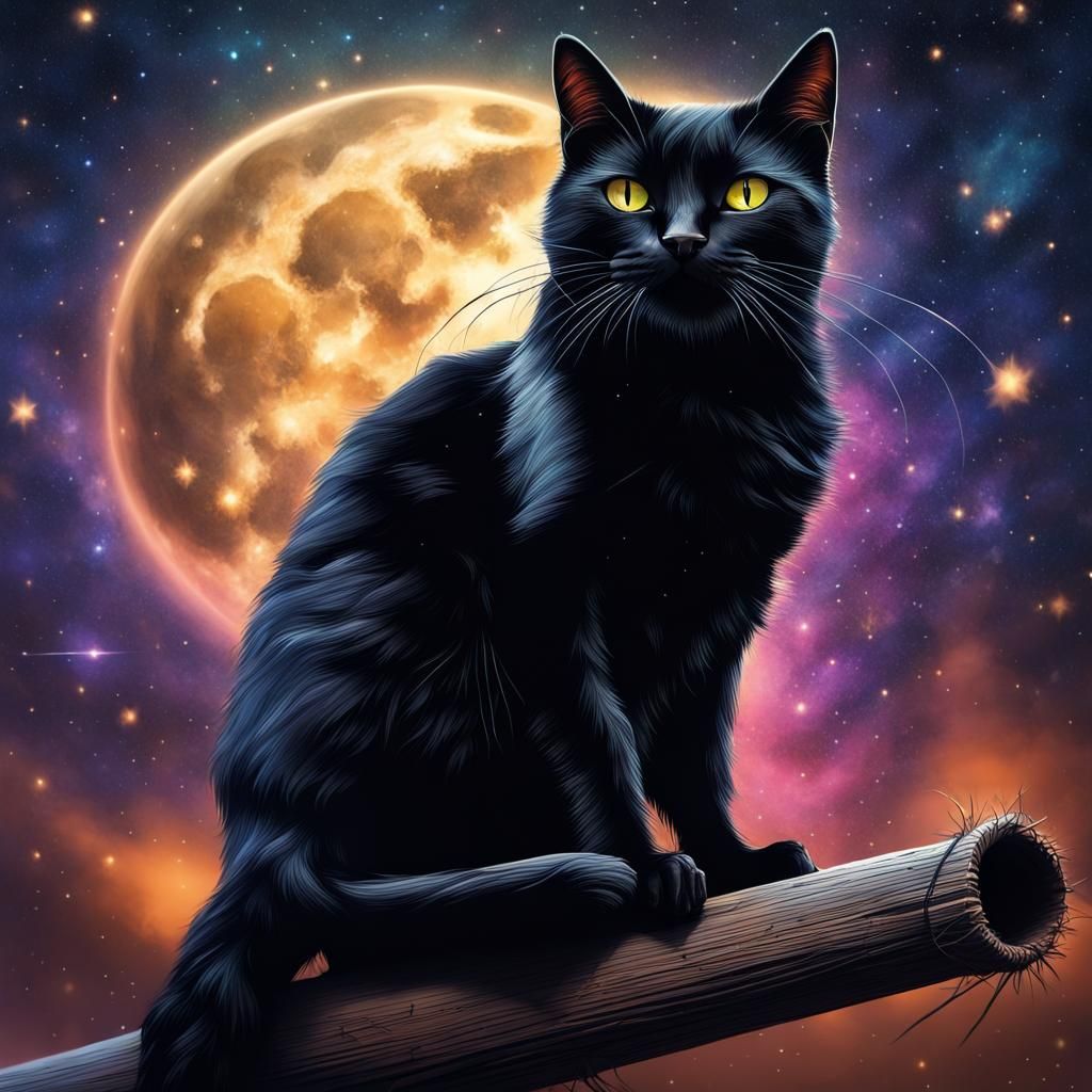 Black Cat Rides Broomstick in Starry Sky