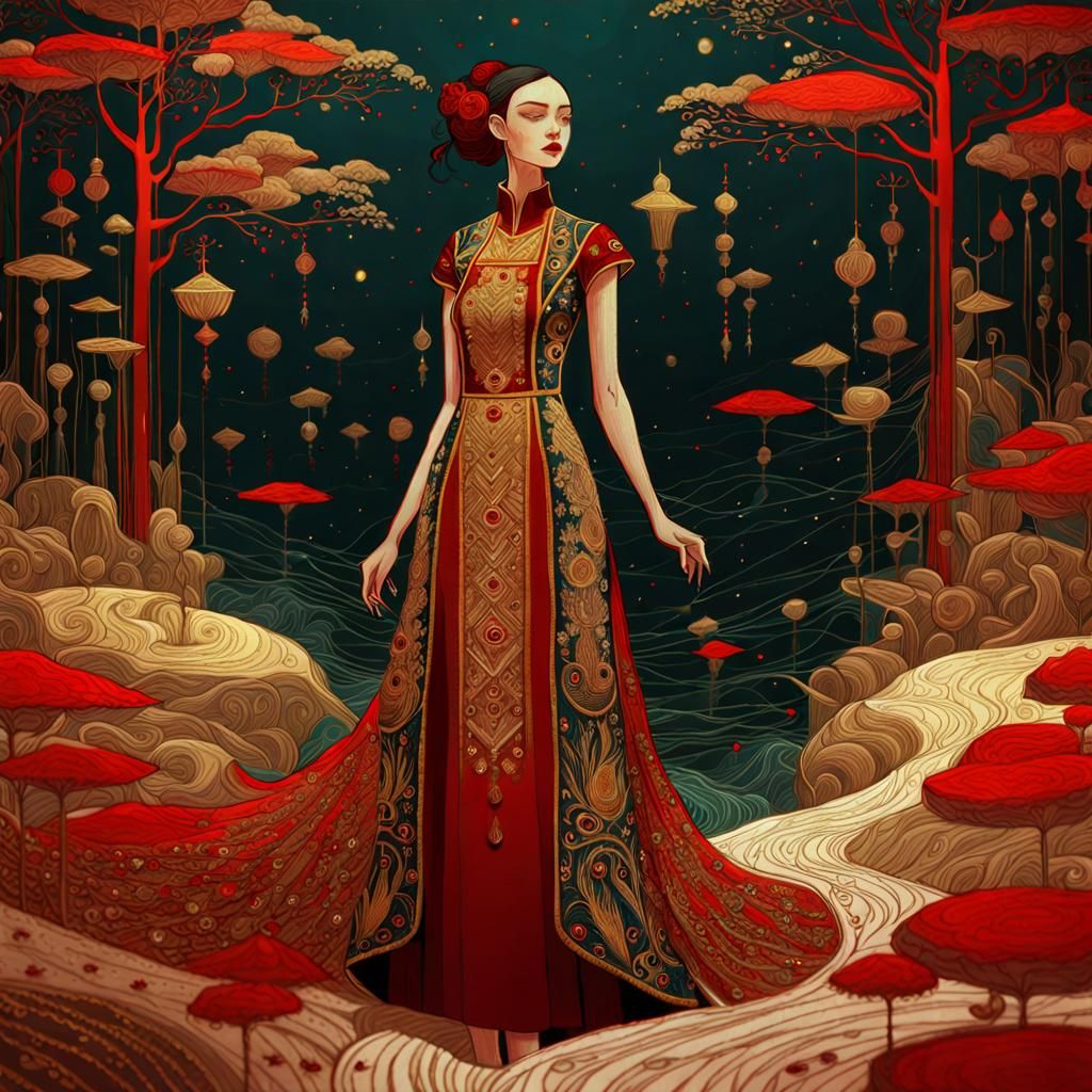 Whimsical Embroidered Dress in 3D Tapestry Style