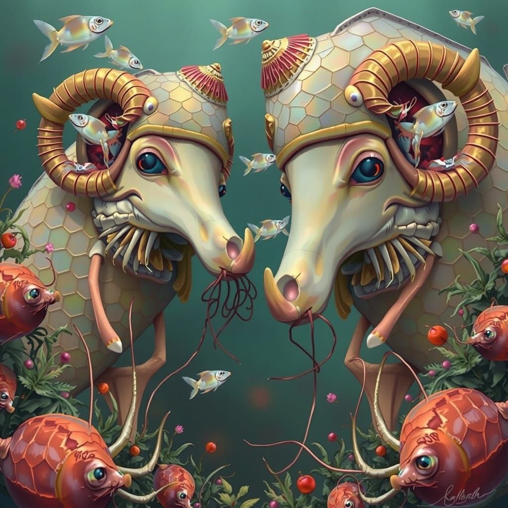 Detailed Fish Painting with Geometric Mouth and Red Head