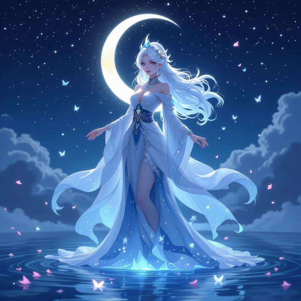Ethereal Moon Lady with Starlight Gown in Anime Style