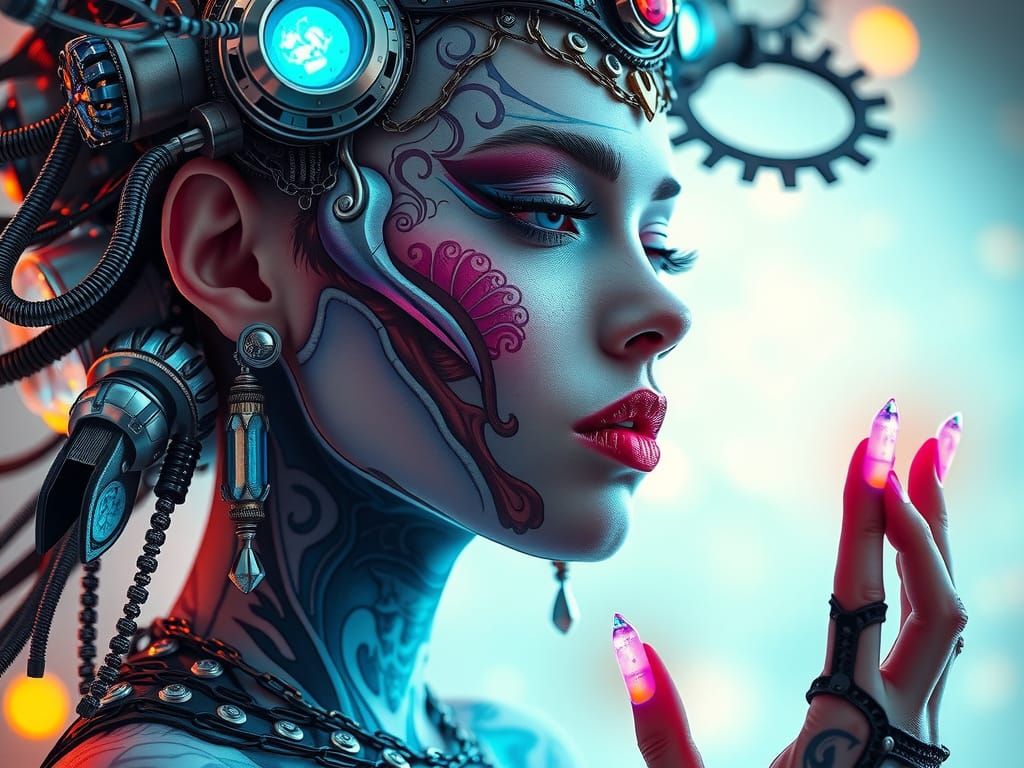 Cosmic Queen with Bioluminescent Tattoos in Neo-Impressionis...