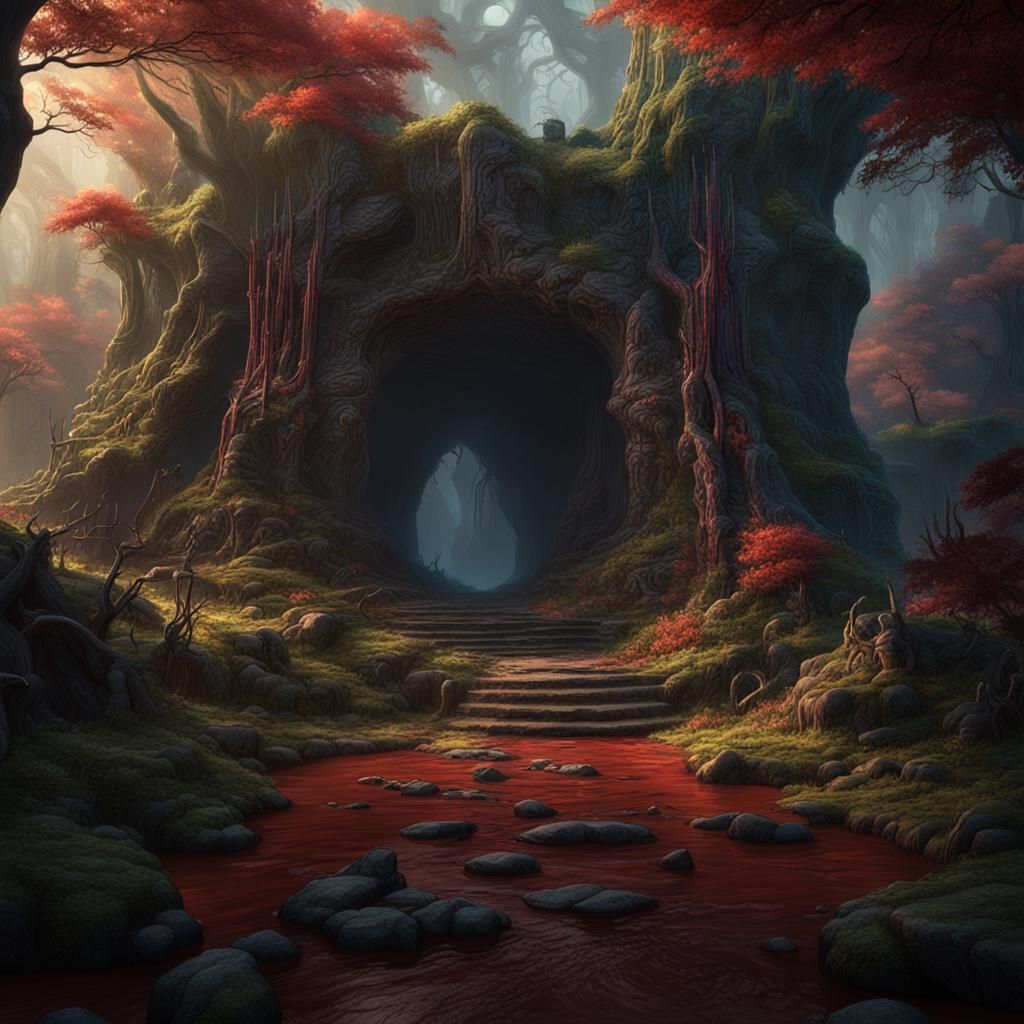 Dark Fantasy Forest Cave Entrance with Blood and Bones