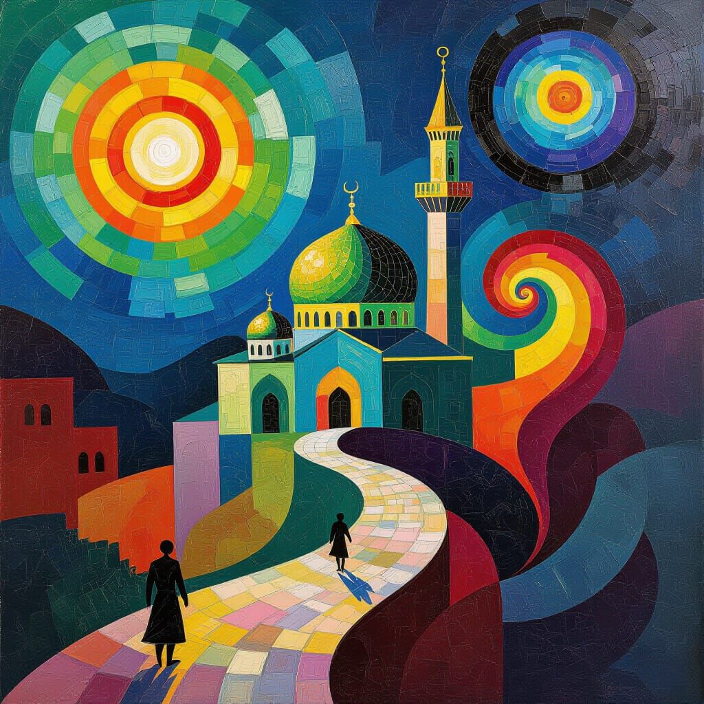 Vibrant Green Mosque with Psychedelic Swirls
