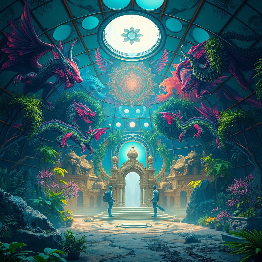 Biodome Temple with Kerala Murals in Digital Painting Style