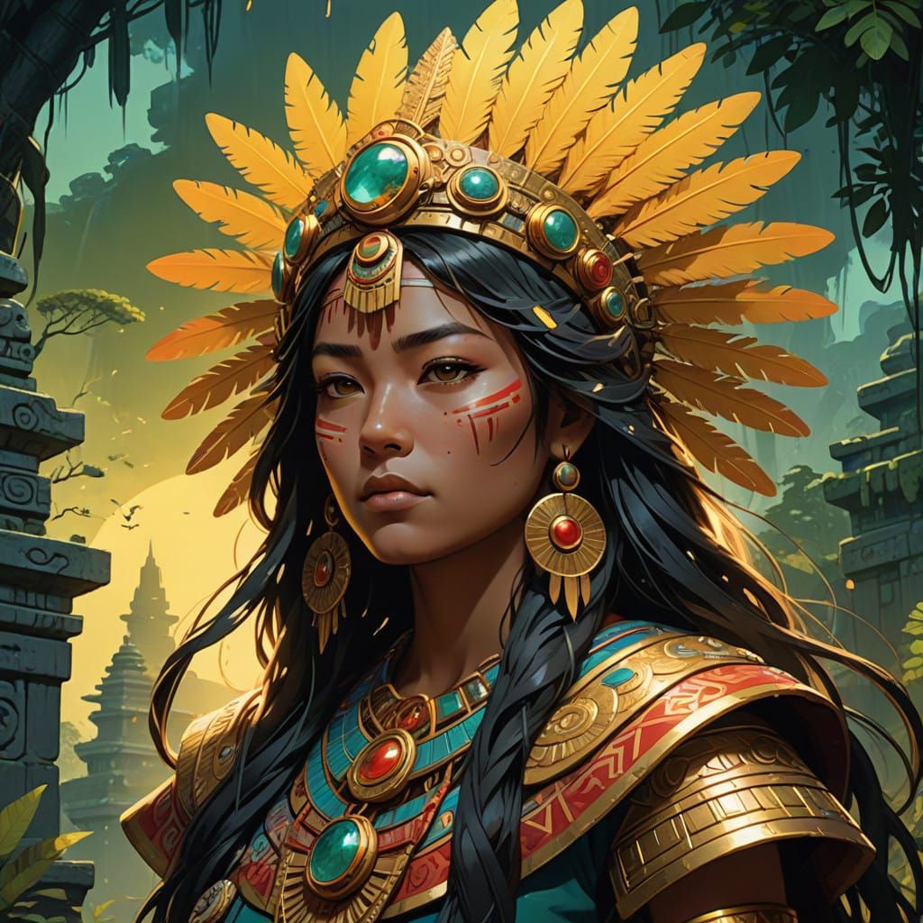 Majestic Nahuatl Noblewoman in Aztec-Inspired Regalia