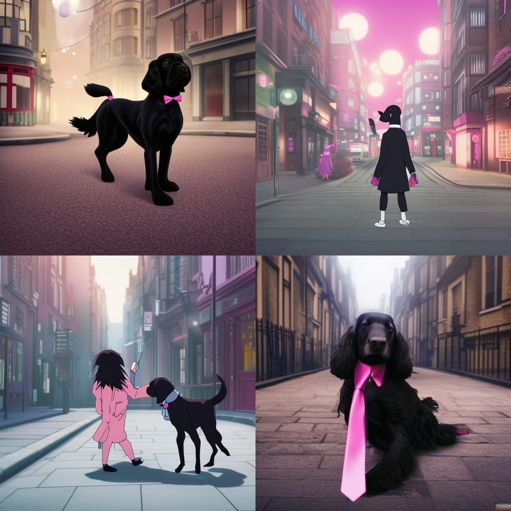 Black Cocker Spaniel Dancing in London, Ghibli Style