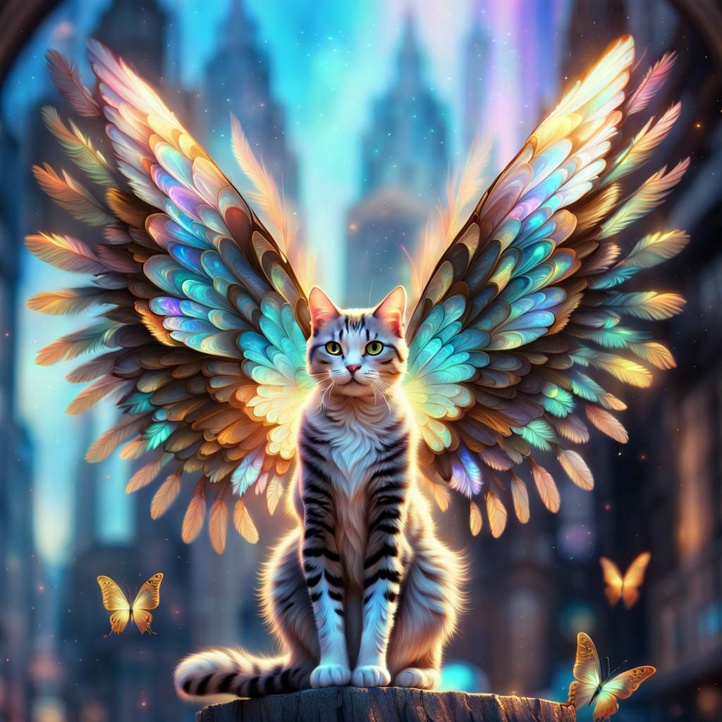 Holographic Angel Cat with Detailed Wings