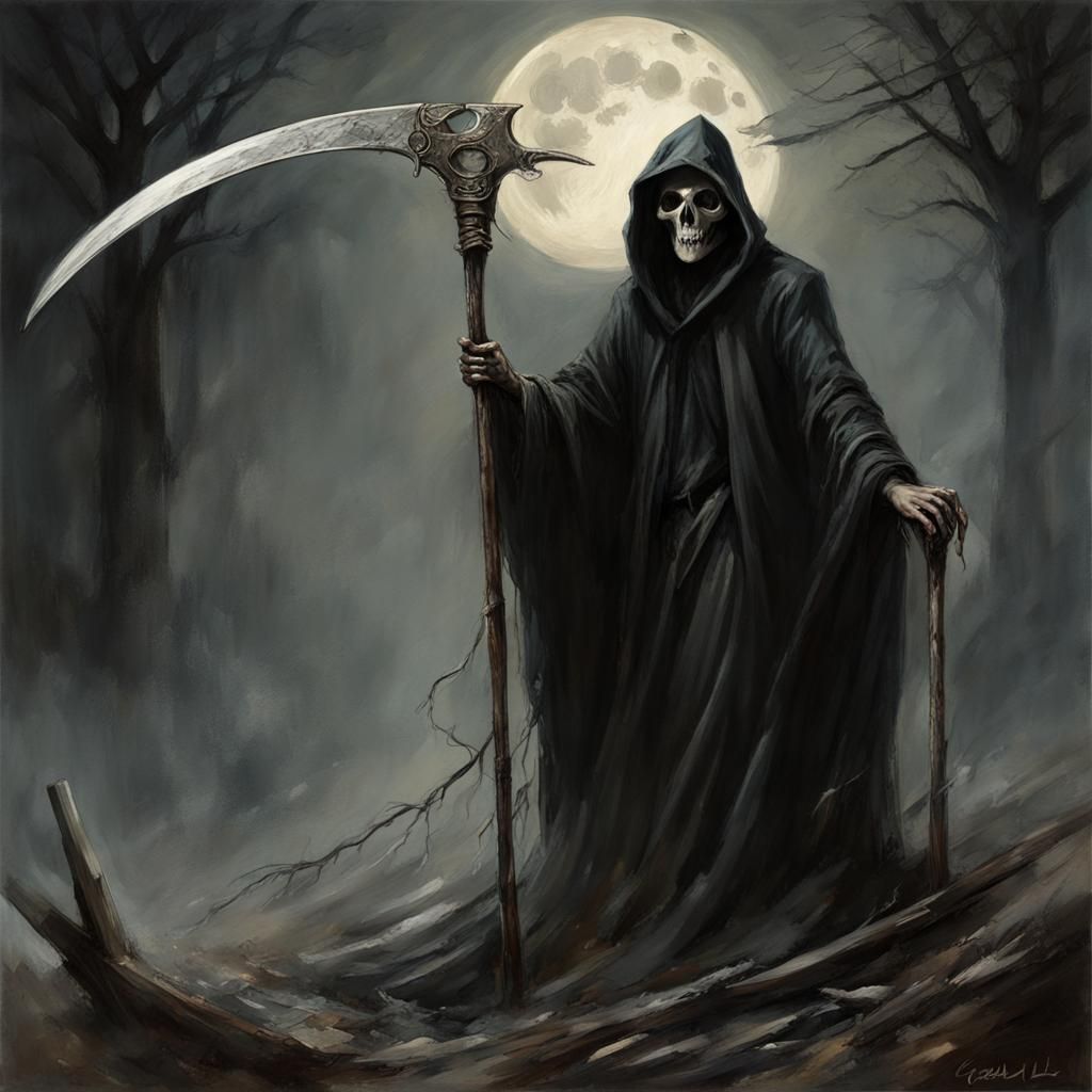 Moonlit Grim Reaper with Scythe in Dark Art Style