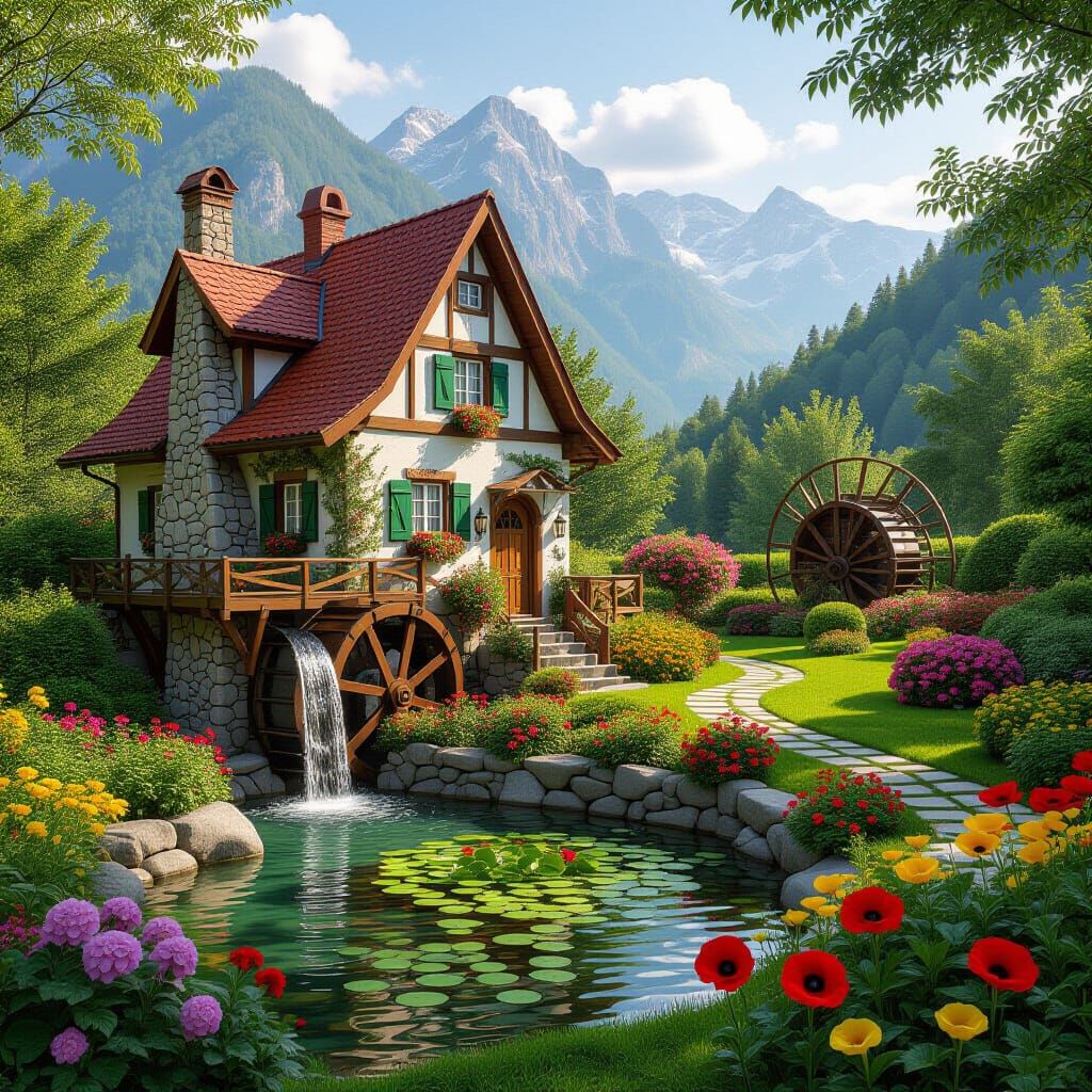 Enchanted Flower Garden Home with Water Mill