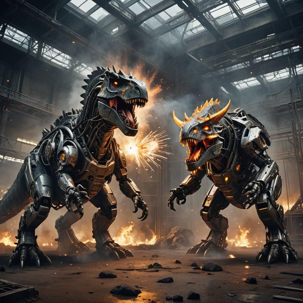 Mecha T-Rex vs Triceratops in Sci-Fi Battle