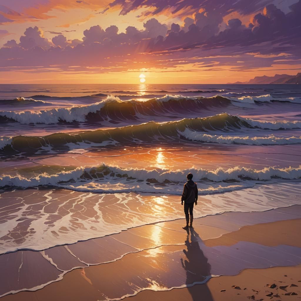 Sunset Beach: A Fantasy Oil Painting in Triadic Colors