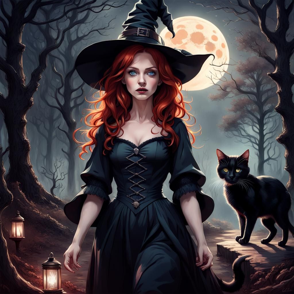 Red-Haired Witch with Calico Cat in Dark Woods