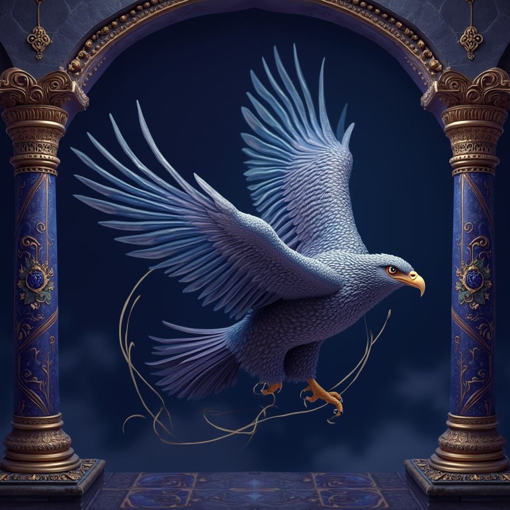 Intricate Digital Eagle Illustration in Blue and Gold
