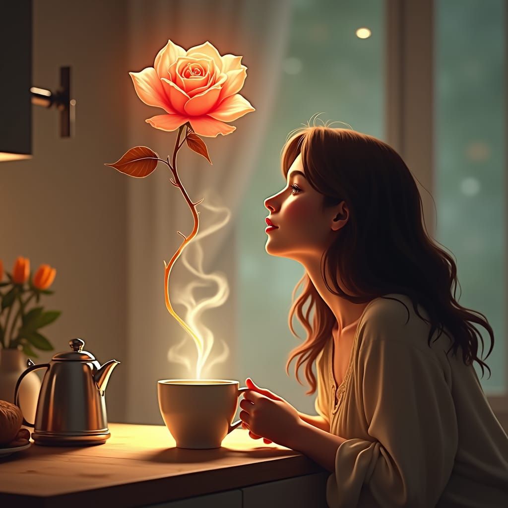 Woman Watching Steam Rose in Cozy Kitchen