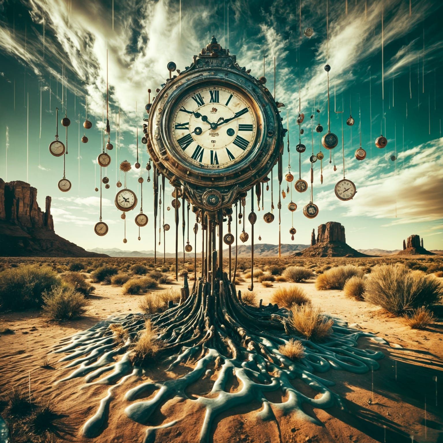 Melting Clock in Desert Landscape, Grunge Retro Style