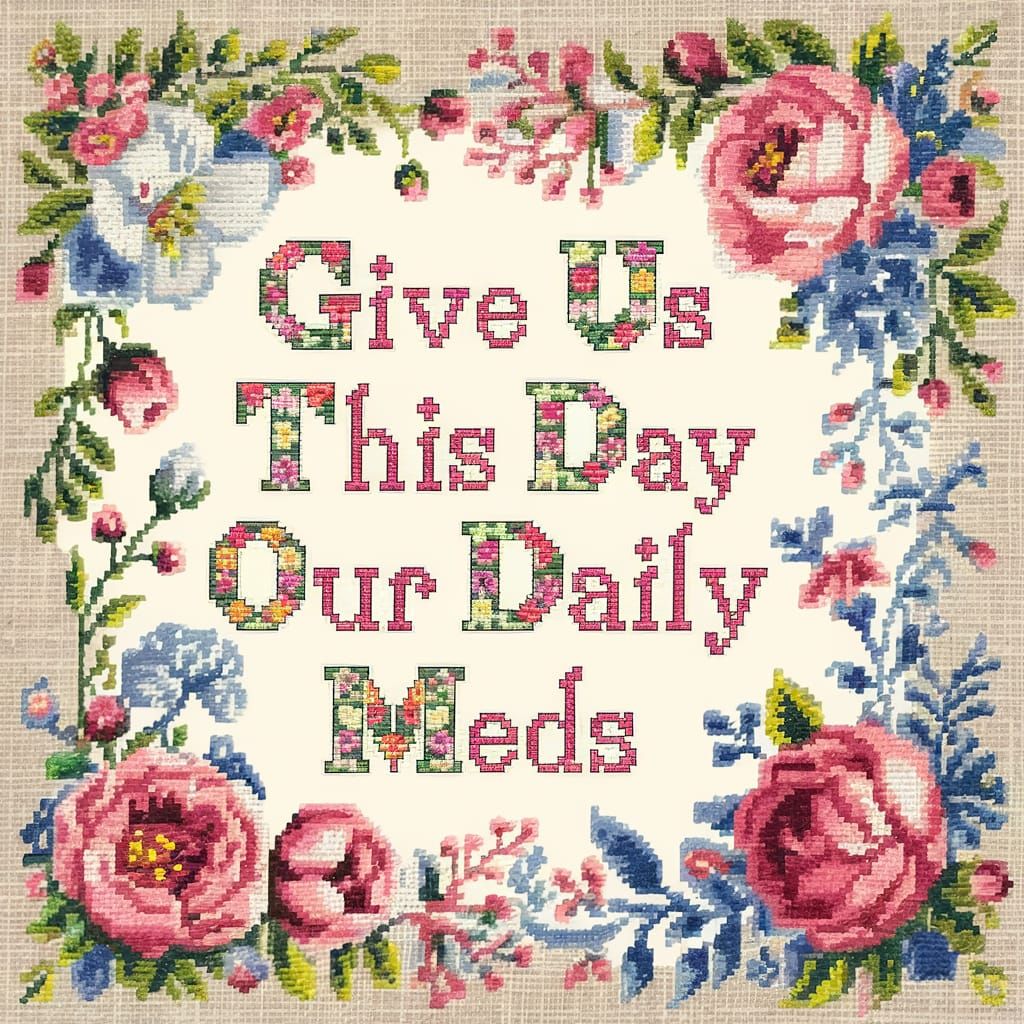 Vintage Floral Cross Stitch Sampler with Whimsical Medicatio...