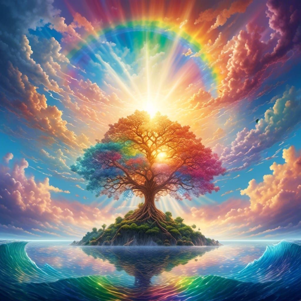 Spectral Sunrise Over Sea with Tree of Life