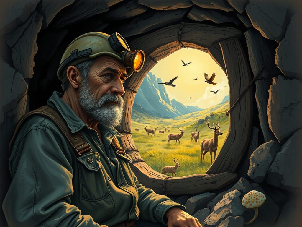 Tired Miner Finds Solace in a Vivid Meadow