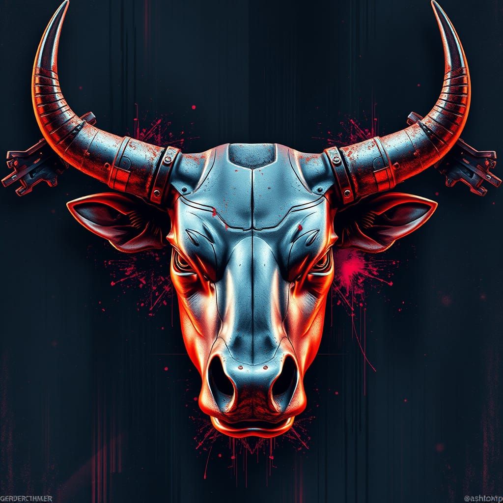 Cyberpunk Bull Face Merged with Rusty Rake in Neon