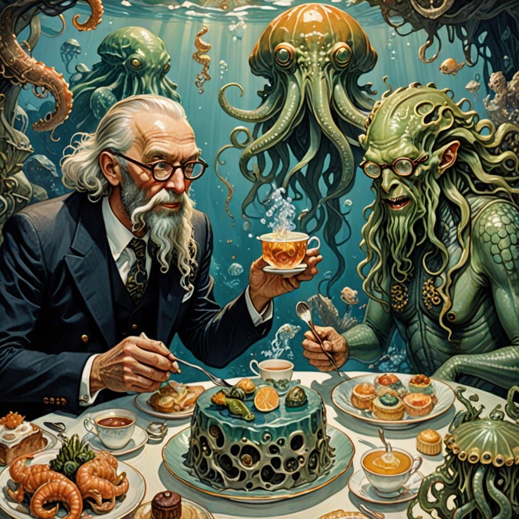 Deep-Sea Tea Party with Cthulhu in Art Deco Style