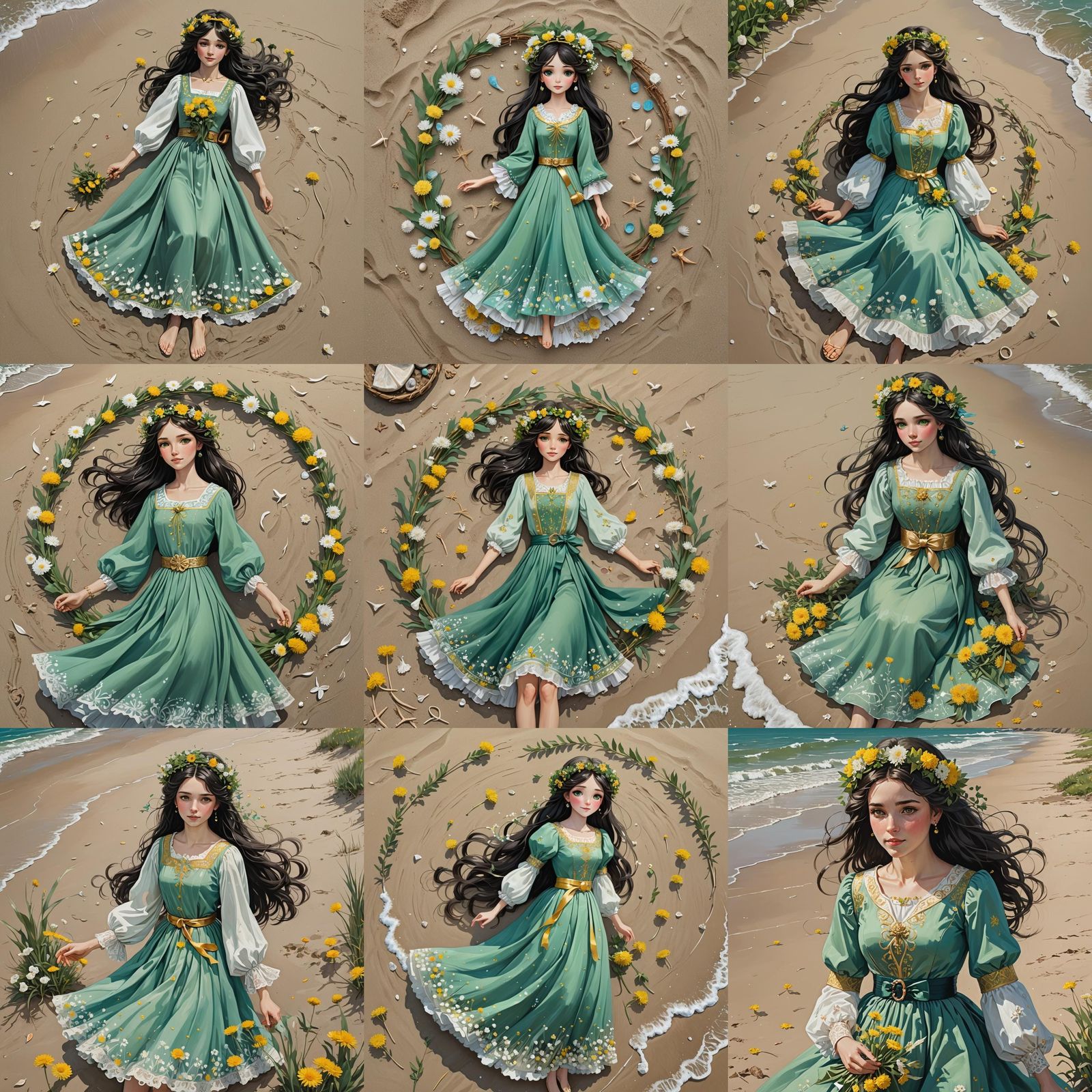 Green-Eyed Princess with Dandelion Wreath on Beach
