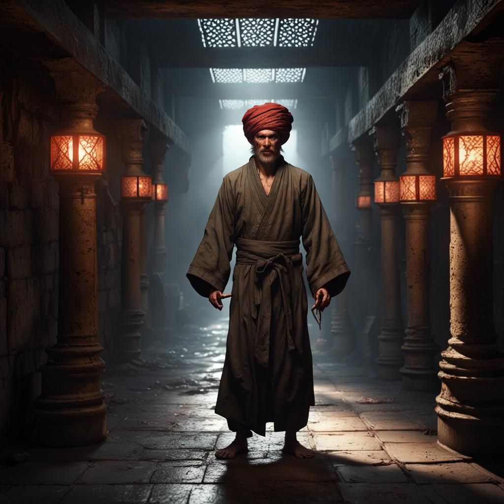 Beggar Kung Fu Master in Dark Dungeon, Fantasy Art