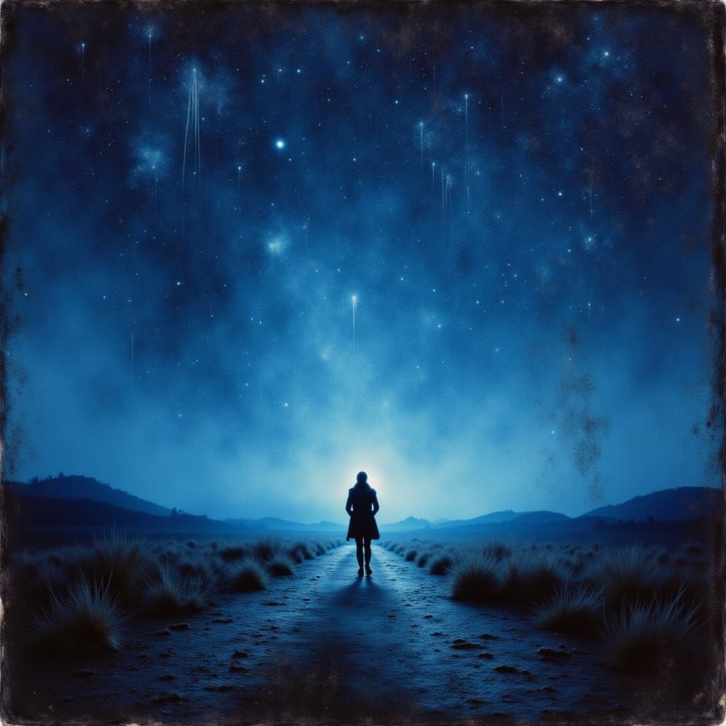 Ethereal Indigo Landscape with Falling Stars