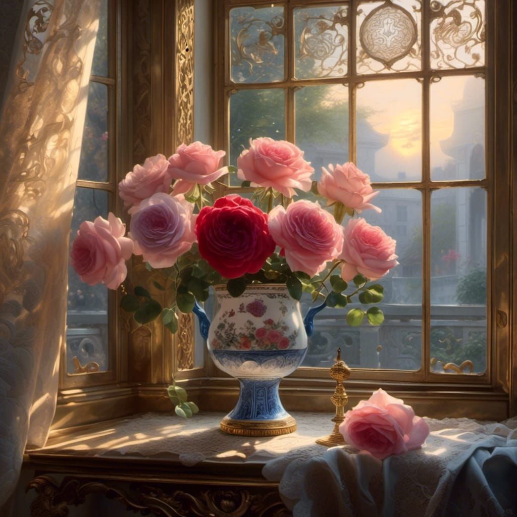 Rose in Vase with Italian Villa Backdrop