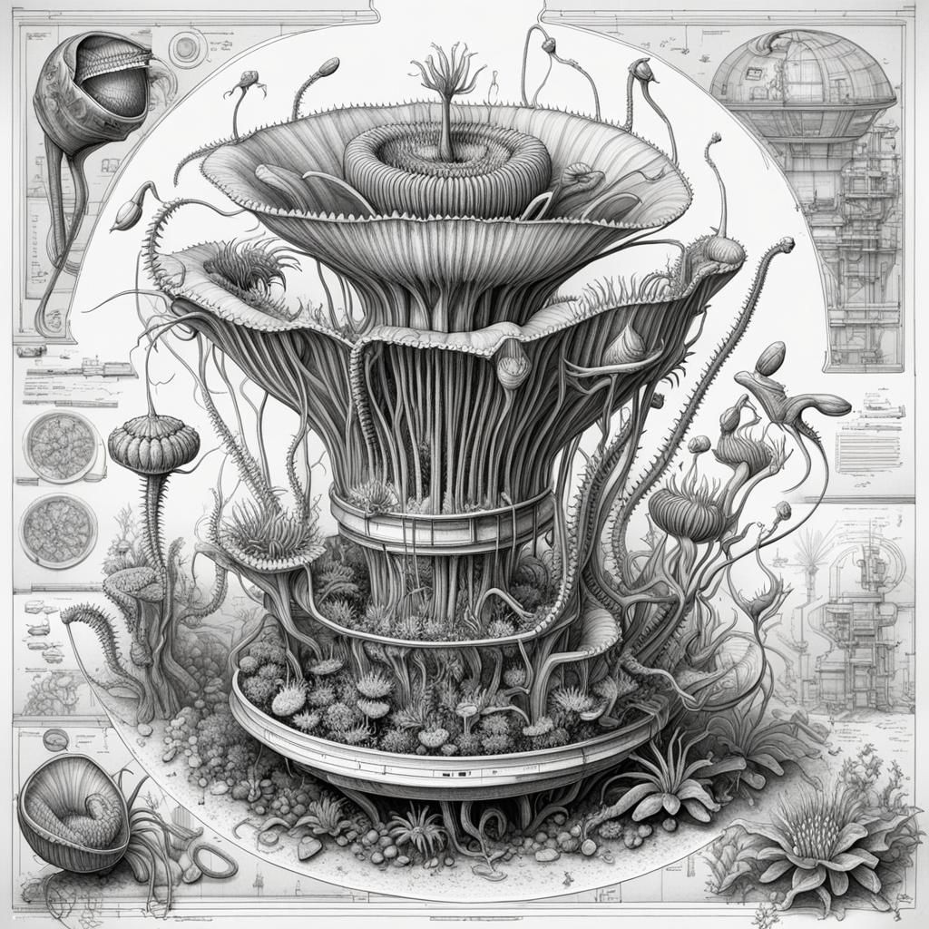 Detailed Sci-Fi Biomechanical Venus Flytrap Technical Drawin...