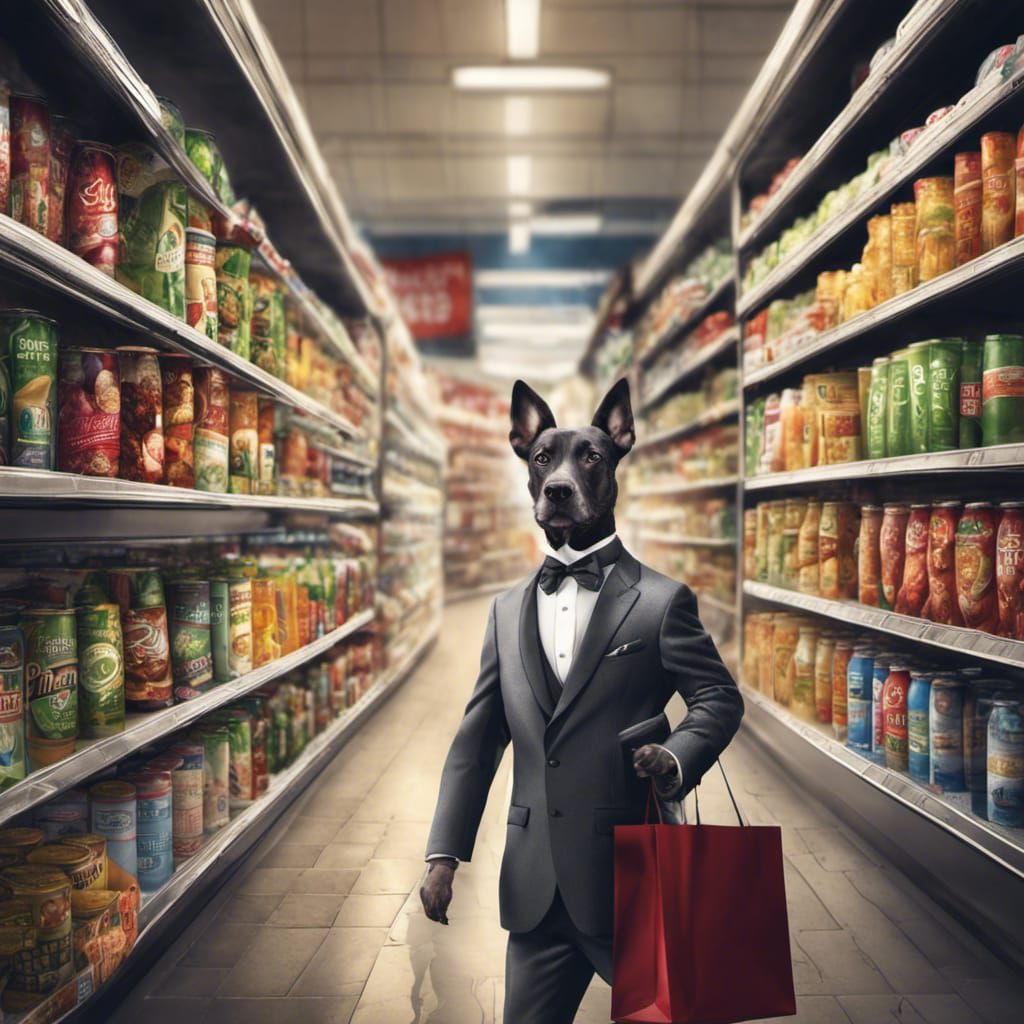 Dog in Suit Shops at Supermarket: Detailed Digital Art