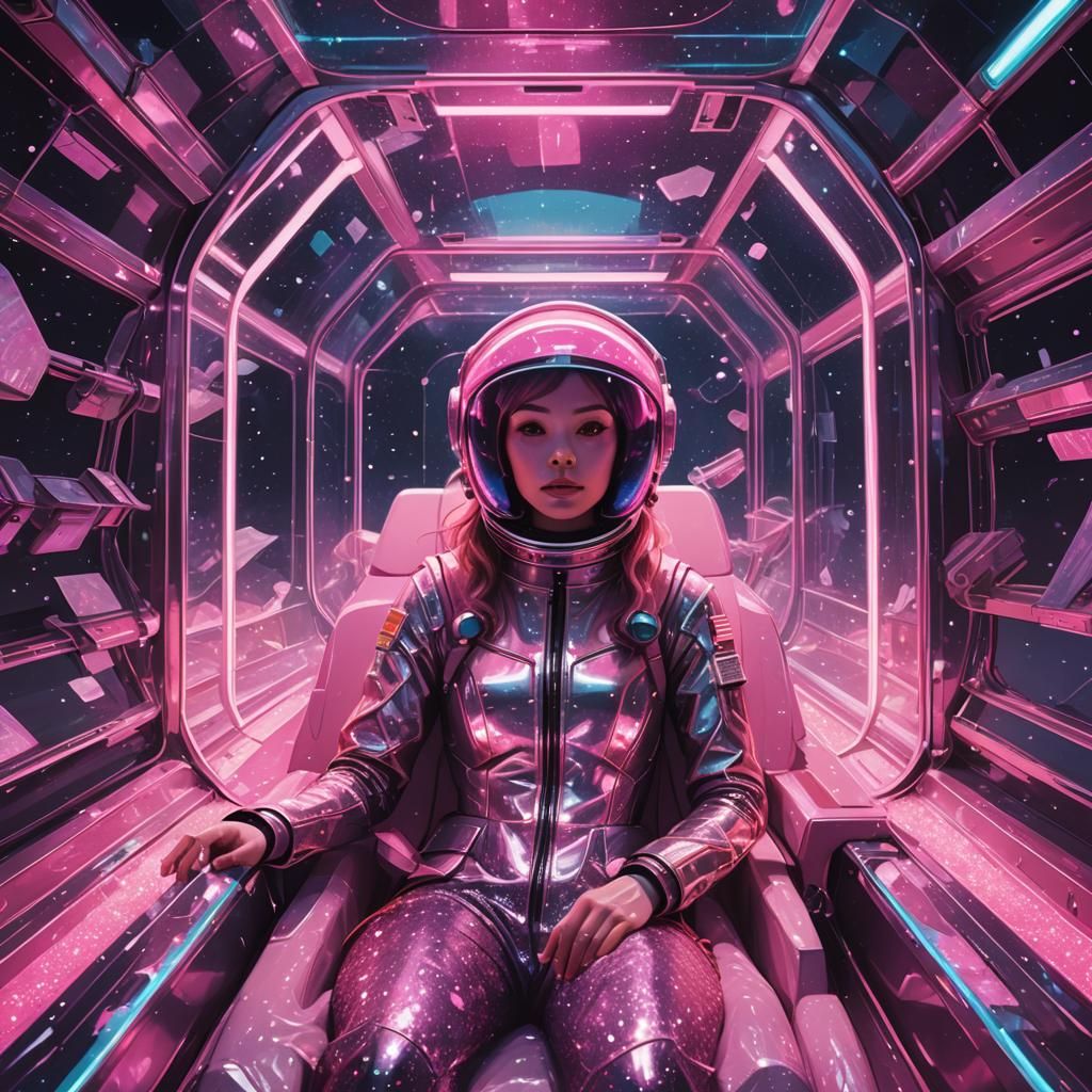 Mermaid Cosmonaut in Glass Spaceship, Synthwave Style