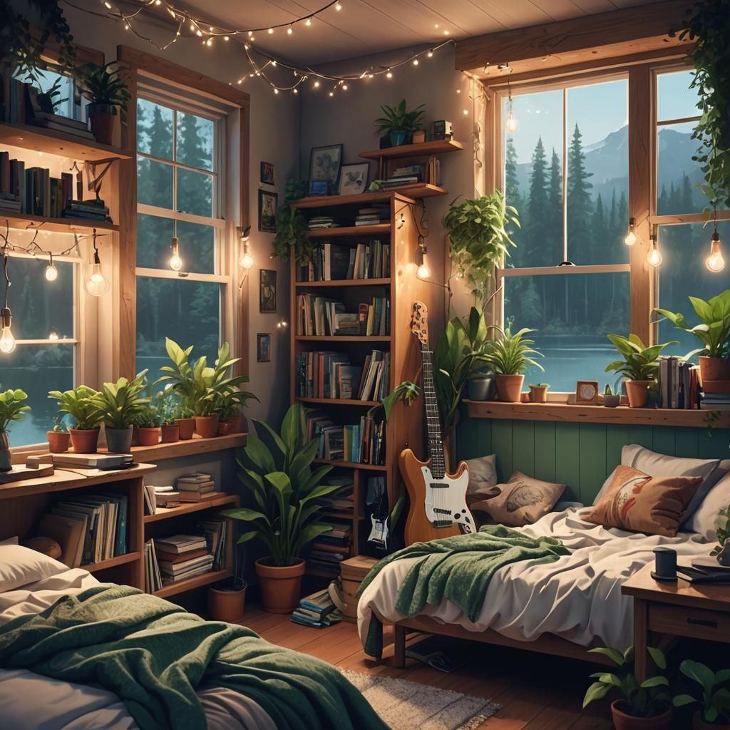 Cozy Lofi Bedroom Overlooking Serene Forest Lake