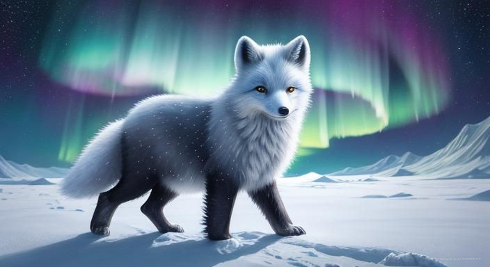 Watercolor Arctic Fox with Aurora Borealis