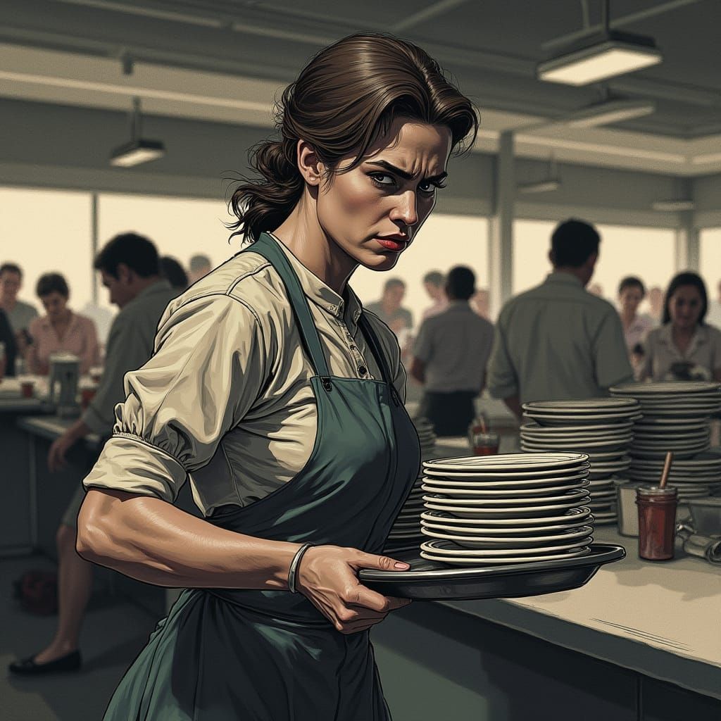 Weary Waitress in Busy Diner Stipple Art