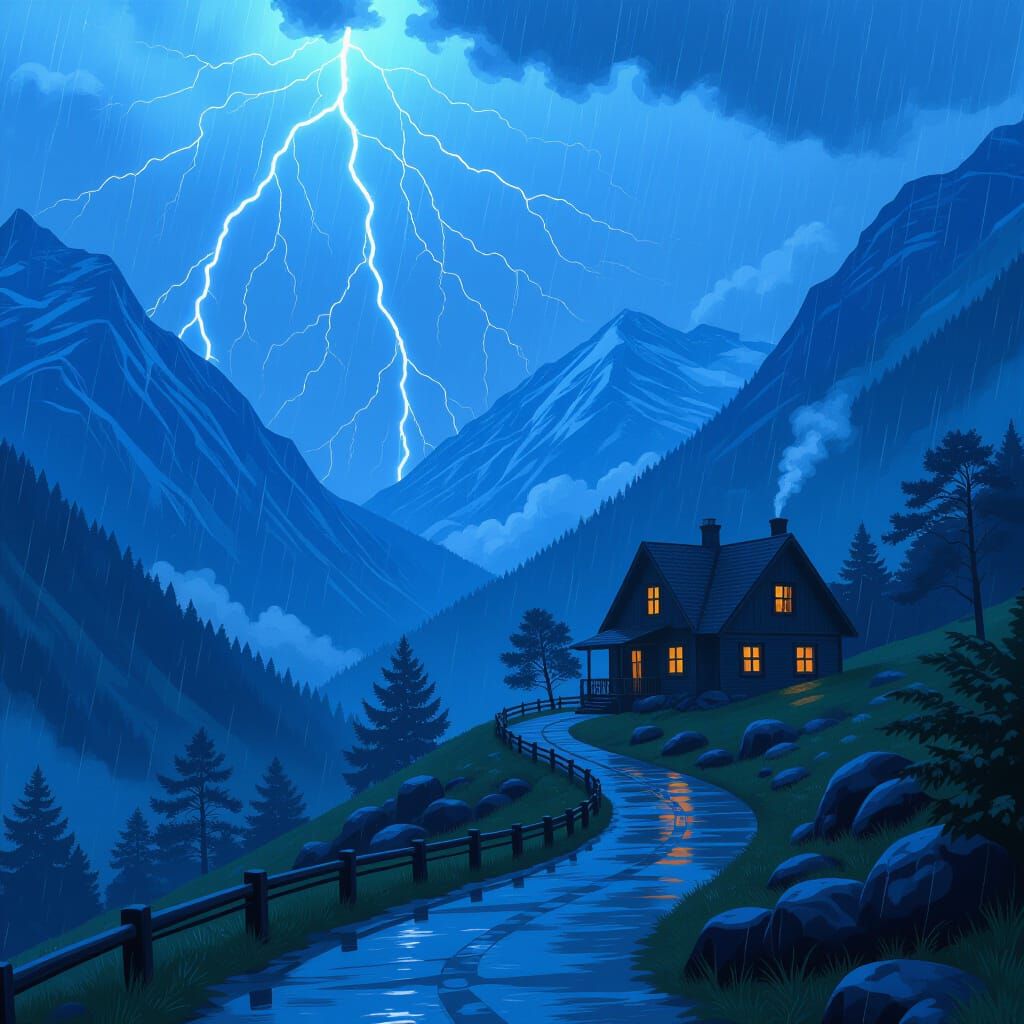 Rain-Soaked Mountains Lead to Cozy Home: Matte Painting