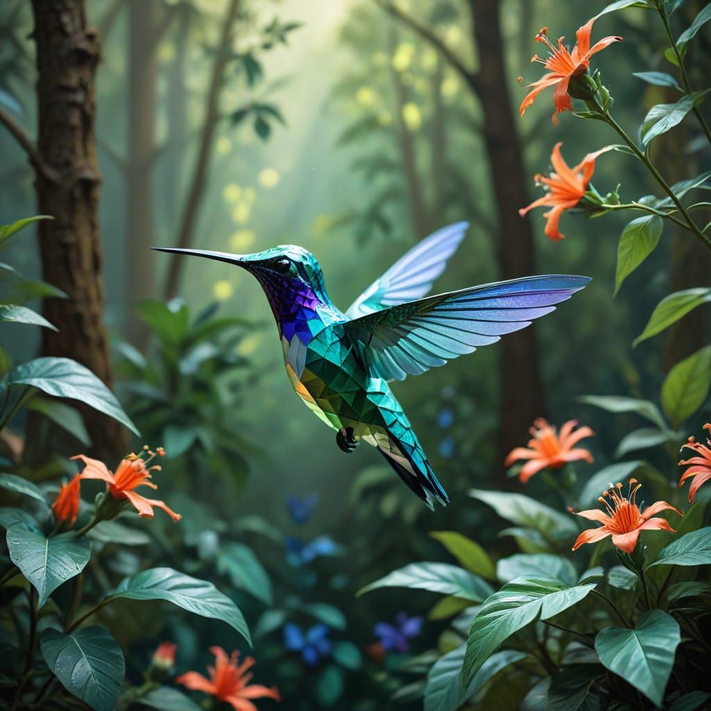 Emerald Hummingbird in Whimsical Forest, Soft Focus Oil Pain...