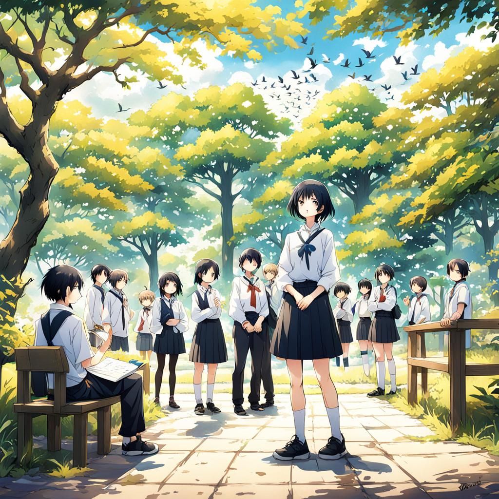 Anime-Style Outdoor Lesson with Teacher and Students