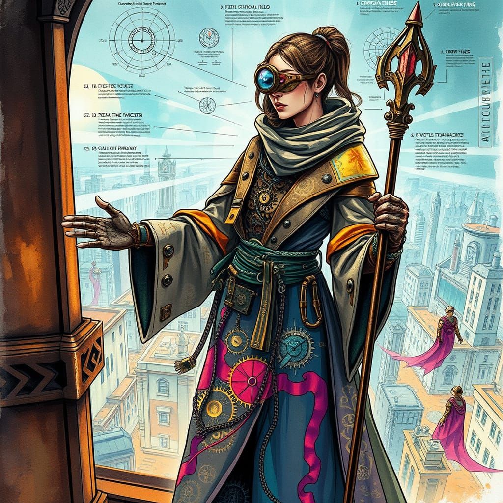 Conceptual design: Cybernetic Timekeeper from the Chronos Guild. This intricate graffiti-punk digital watercolor present...