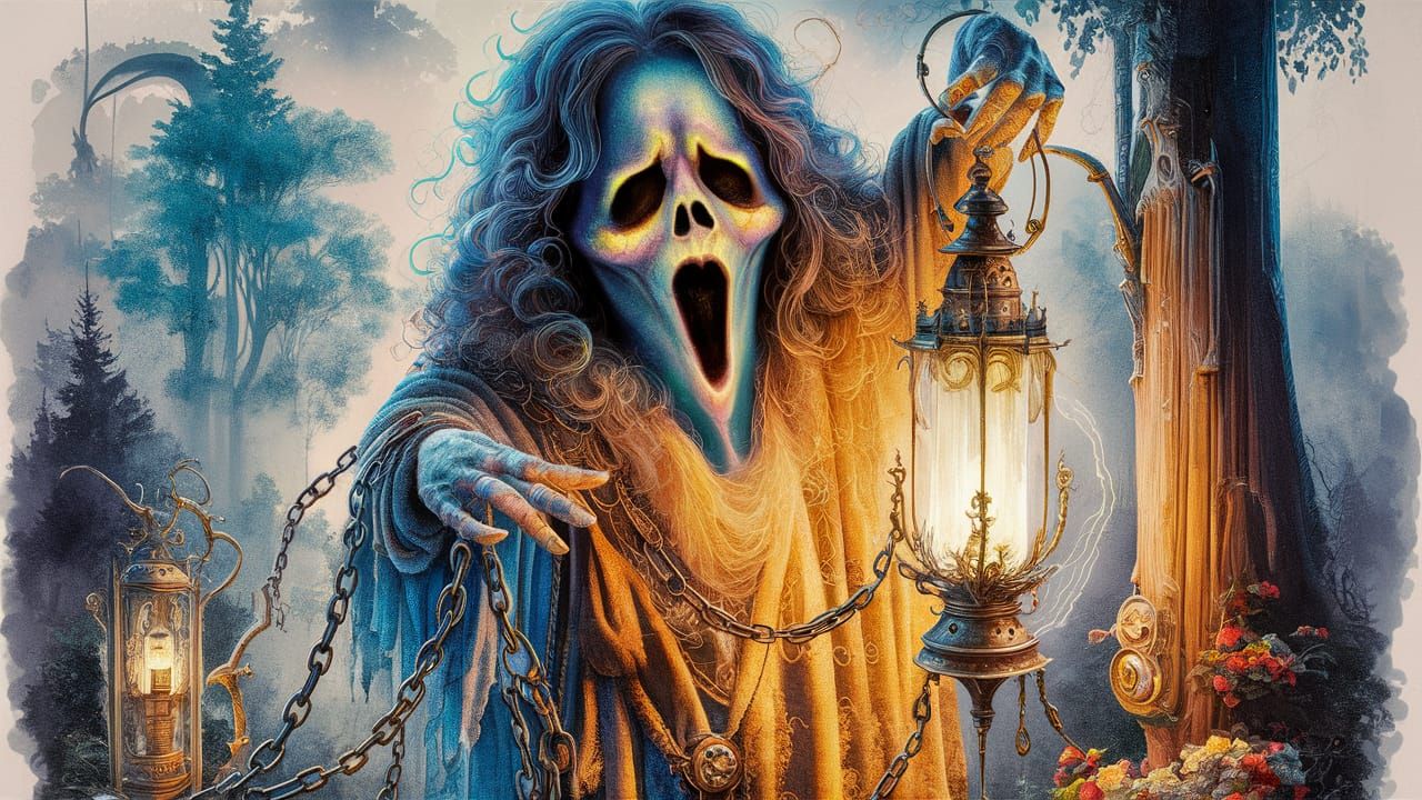 Ghost with Spectral Lantern in Watercolor Style