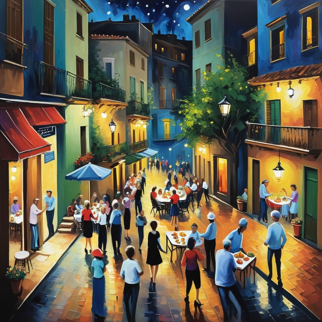 Spanish Midnight Street Scene in Expressionist Style