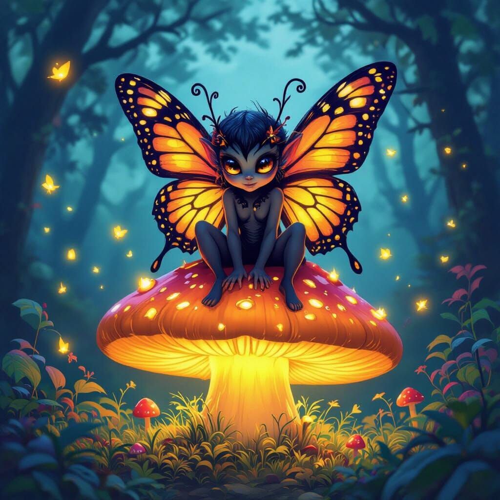 Mischievous Imp with Butterfly Wings on Glowing Mushroom