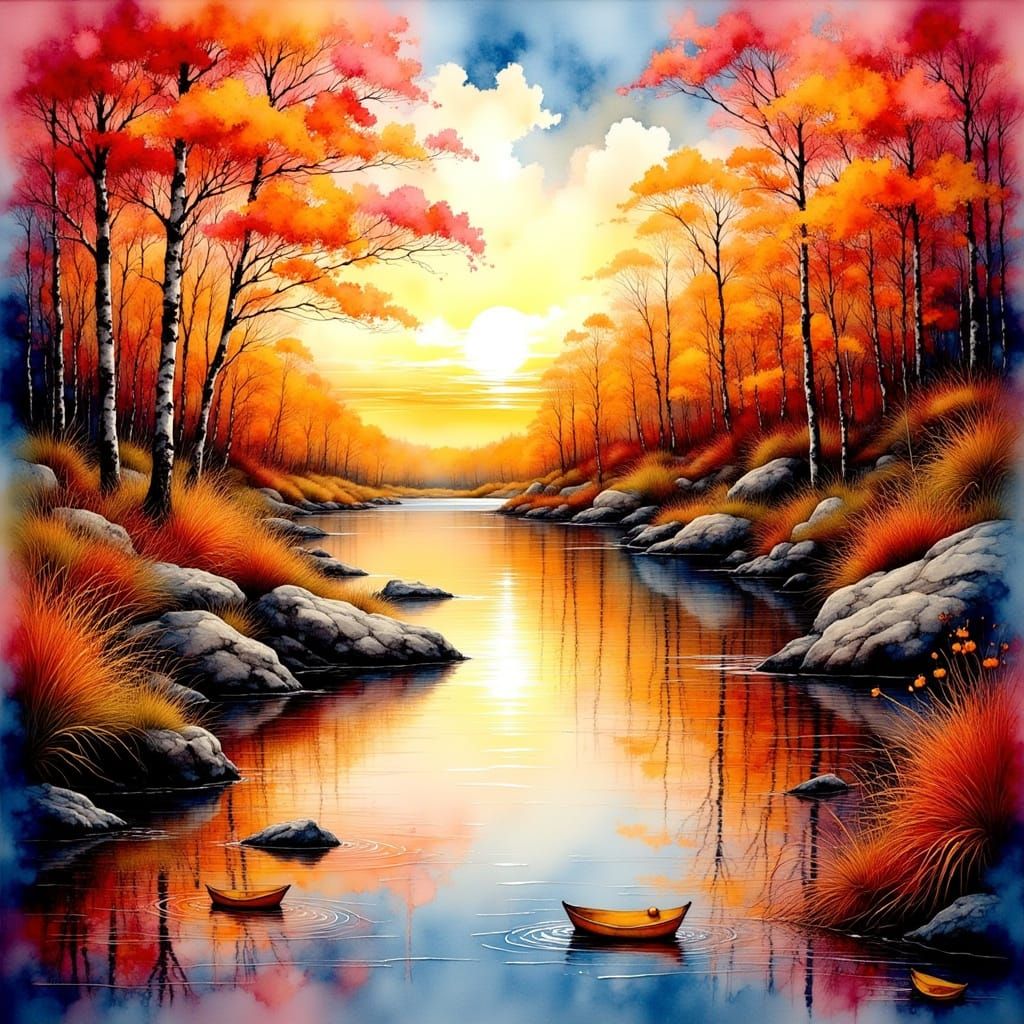 Autumnal Minnesota Lake Reflection as Impressionist Painting