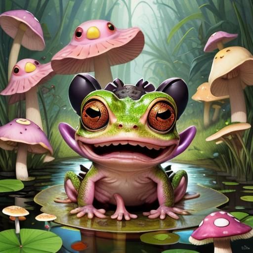 Surreal Kitten-Frog Hybrid in Snake's Mouth