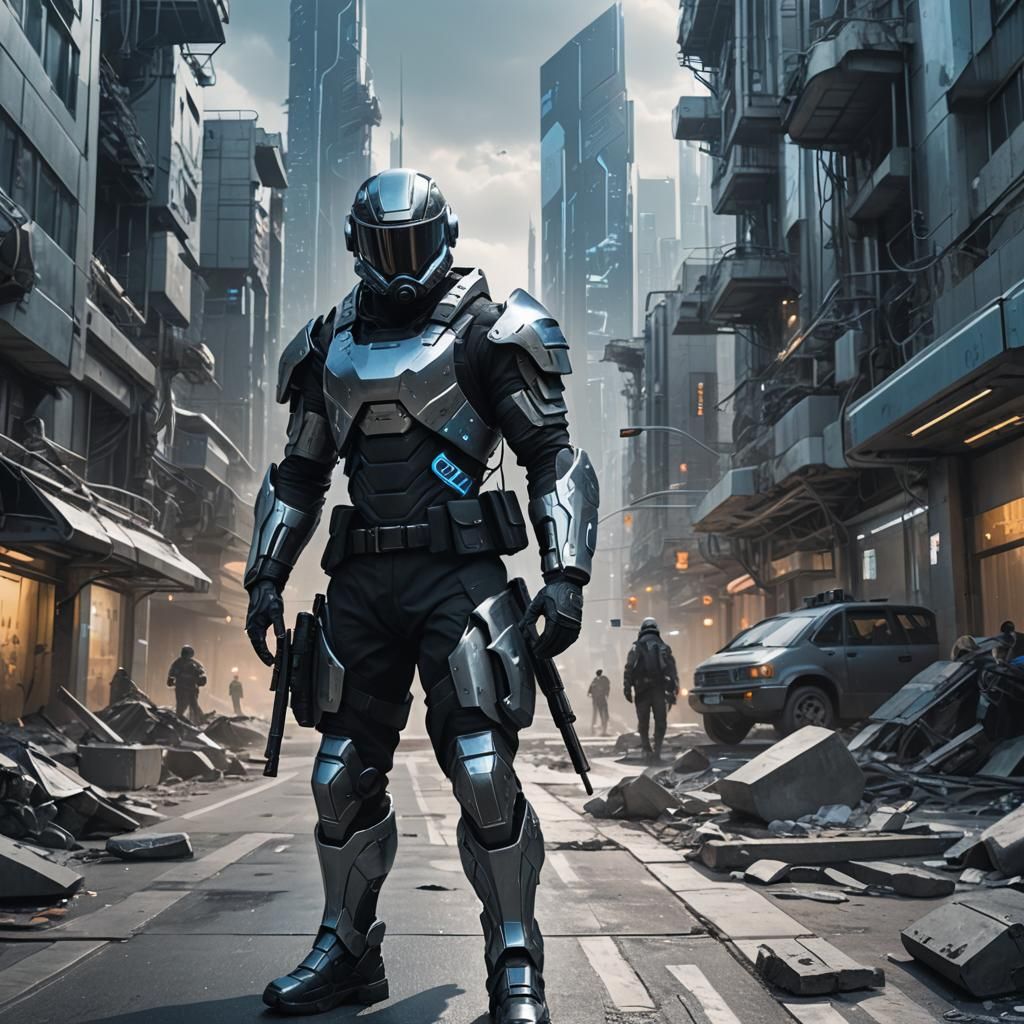 Futuristic Soldier in Armored Sci-Fi City